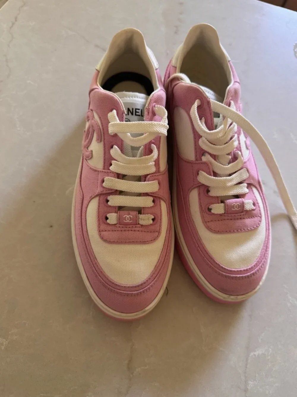 Chanel Interlocking CC Logo Canvas Sneakers — Pink/White Reference G45352